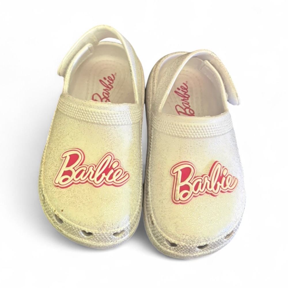 Sparkly white and pink Barbie crocs clog slide on shoes girls size 9